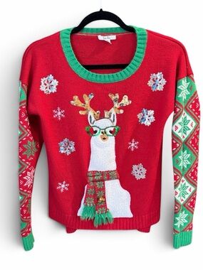 Isela Red Sweater with Green Trim and Festive Llama With Glasses Small
